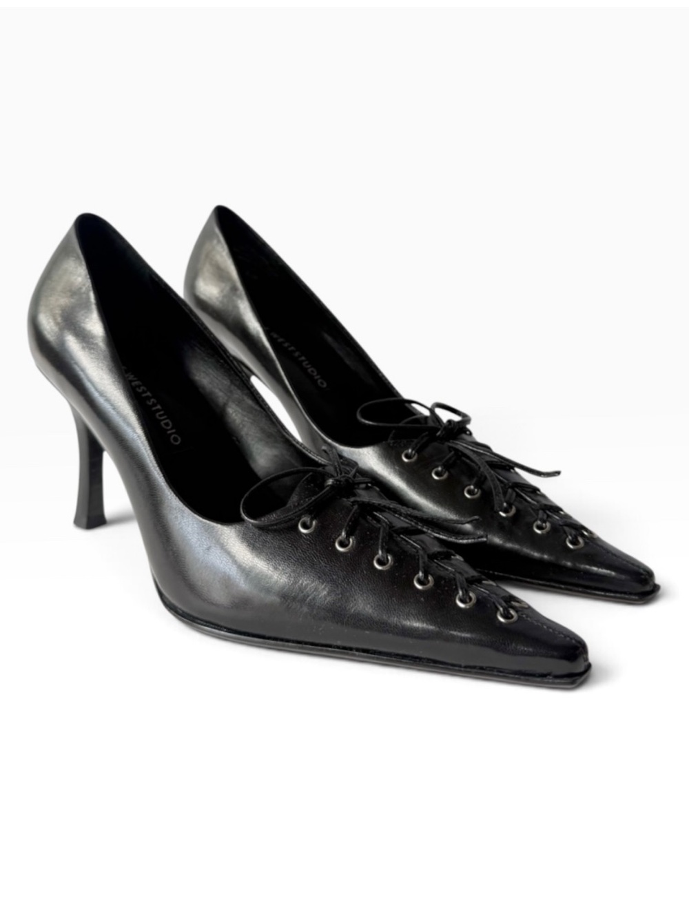 Vintage Y2K Nine West Vallan Black Leather Lace Up Corset Pointy Heels Sz 5 1/2